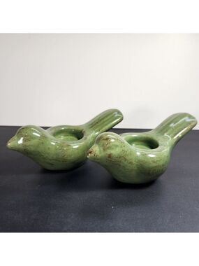 Ceramic Bird Candle Holder Tea Light Jade Green with Flecks of Brown Set Of 2